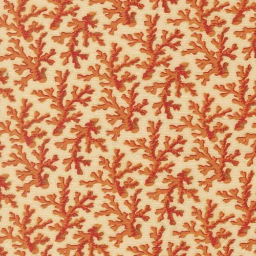 Moda Fabrics Saltwater Cathe Holden Coral Me This Coral Coral Orange fabric, coral reef-inspired pattern in orange and beige.