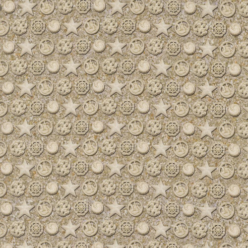 Moda Fabrics Saltwater Cathe Holden The White Pearl Shells Sand Cream, textured fabric pattern with white shells, starfish, and circular sea motifs on sand-colored background.
