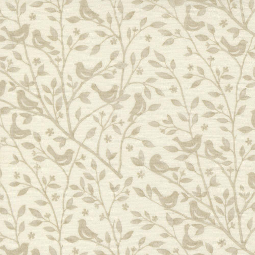 Moda Fabrics Family Tree Deb Strain Tonal Birds in Branches Warm White Natural, fabric with a subtle leaf and bird pattern in warm white and natural tones.