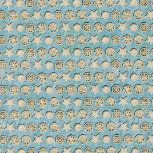 Moda Fabrics Saltwater Cathe Holden The White Pearl Shells Surf Blue, fabric with a pattern of shells, stars, and circles on a blue background.