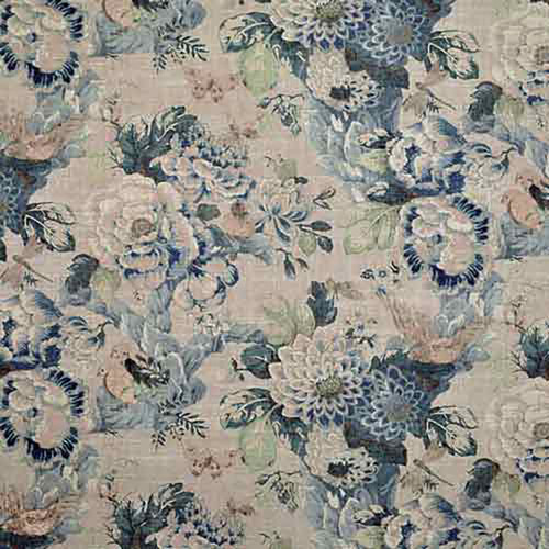 P/Kaufmann Fabrics Grandstand Garland Document Blue Green Cream Tree Floral with Birds