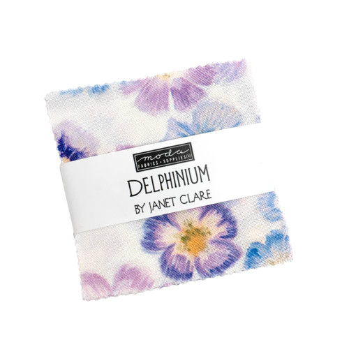 Moda Fabrics Delphinium Janet Clare 2.5 Inch Squares Mini Charm, fabric bundle with watercolor floral patterns in pastel shades of purple, blue, and yellow.