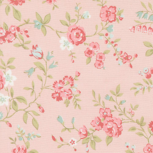 Moda Fabrics Abide Brenda Riddle Roses and Flowers Pink, pink floral fabric with green leaves and small blue and white accents.