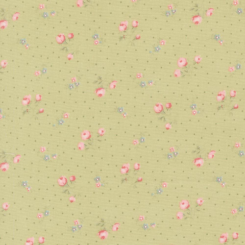 Moda Fabrics Abide Brenda Riddle Rosebuds and Dots Light Green Green fabric with small pink roses and dotted pattern