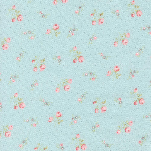 Moda Fabrics Abide Brenda Riddle Rosebuds and Dots Light Blue Blue, a light blue fabric with pink rosebuds, green leaves, and small white dots pattern.