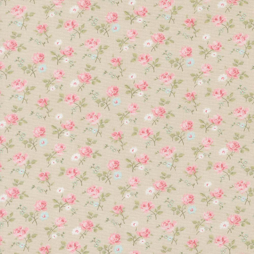 Moda Fabrics Abide Brenda Riddle Roses and Daisies Stone Tan, floral fabric with pink roses and green leaves on a beige background.