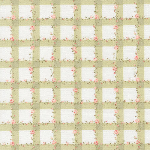 Moda Fabrics Abide Brenda Riddle Climbing Rose Trellis Plaid Light Green Green fabric pattern with pink roses and green trellis design.