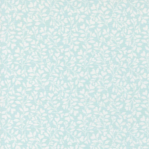 Moda Fabrics Abide Brenda Riddle Heart Leaves Foliage Light Blue Blue, fabric with a repeating light blue leaf and heart pattern on a white background.