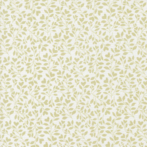 Moda Fabrics Abide Brenda Riddle Heart Leaves Foliage Linen White Light Green Green, fabric with a pattern of heart-shaped leaves in light green on a white linen background.