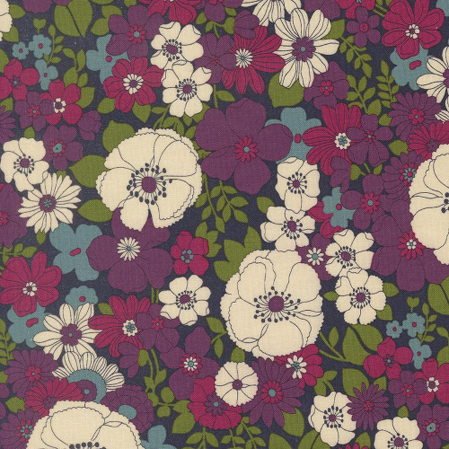 Moda Fabrics Chelsea Garden Moda Chelsea Flower Show Floral Midnight Blue, a fabric with a colorful floral pattern featuring purple, white, pink, and blue flowers with green leaves on a midnight blue background.