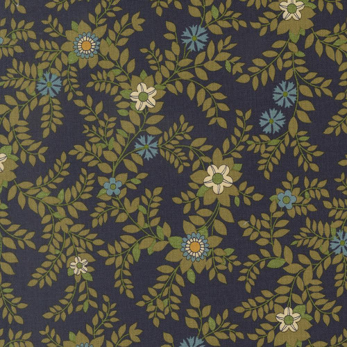 Moda Fabrics Chelsea Garden Moda Galivanting Garden Florals Midnight Blue, fabric with a floral pattern on a dark blue background featuring white, blue, and green flowers and leaves.