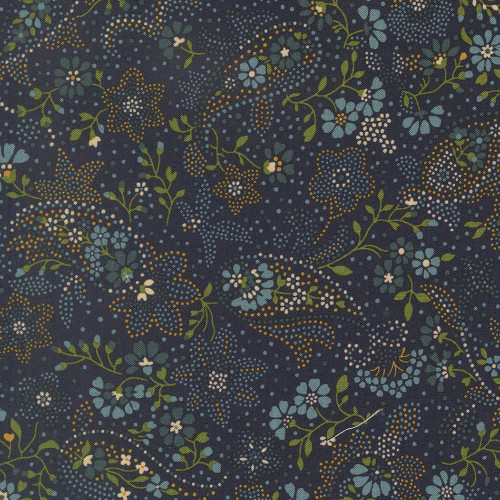 Moda Fabrics Chelsea Garden Moda Bohemian Flare Dotted Paisley Midnight Drizzle Blue, fabric with a dark blue background and intricate floral and paisley pattern in light blue, green, and gold accents.
