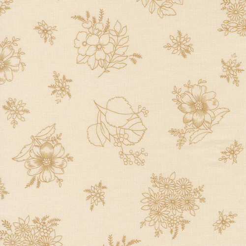 Moda Fabrics Chelsea Garden Moda Piccadilly Floral Porcelain Natural, fabric featuring a delicate floral pattern in soft golden hues on a light porcelain background.