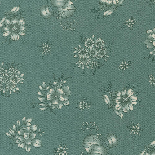 Moda Fabrics Chelsea Garden Moda Piccadilly Floral Drizzle Teal, floral patterned fabric with white and light teal flowers and leaves on a teal background.