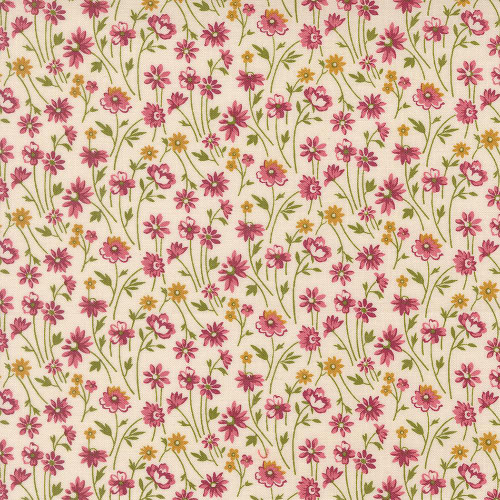 Moda Fabrics Chelsea Garden Moda Cheeky Posy Flower Porcelain, floral fabric with pink, yellow, and green flower pattern on a light background.