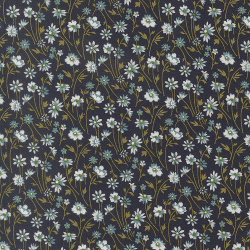 Moda Fabrics Chelsea Garden Moda Cheeky Posy Flower Midnight Blue, floral fabric with small white and light blue flowers on a dark midnight blue background.