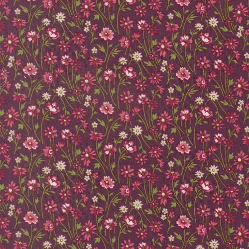 Moda Fabrics Chelsea Garden Moda Cheeky Posy Flower Plum Purple, close-up of floral fabric pattern with pink, white, and purple flowers and green leaves on a plum purple background.