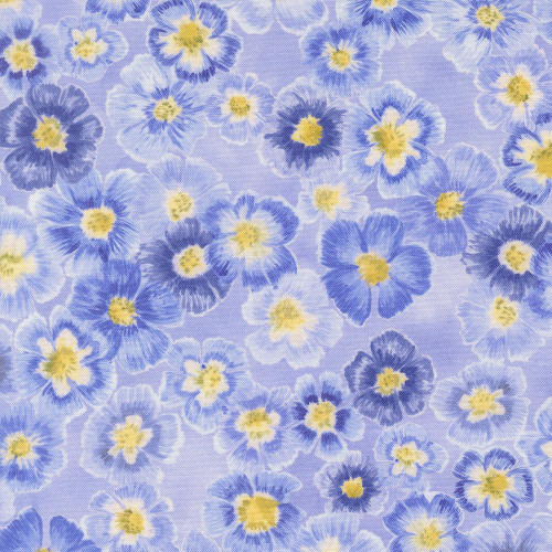 Moda Fabrics Delphinium Janet Clare Auricula Floral Bluebell Blue, a fabric with a blue and purple floral pattern featuring yellow centers and detailed flower designs.