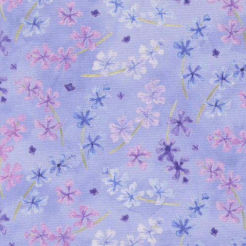 Moda Fabrics Delphinium Janet Clare Lilac Blooms Floral Bluebell Blue, a fabric with a light purple background featuring pink, white, and purple flowers and green stems in a delicate floral pattern.