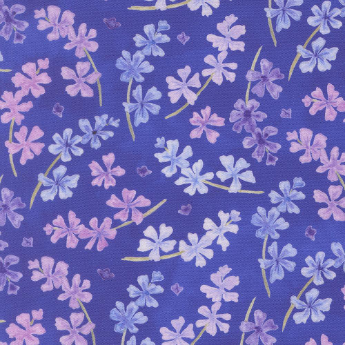 Moda Fabrics Delphinium Janet Clare Lilac Blooms Floral Agapanthus Blue, a fabric with a floral pattern of lilac and blue agapanthus flowers on a purple background.