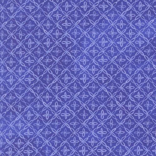 Moda Fabrics Delphinium Janet Clare Floral Trellis Agapanthus Blue, blue floral print fabric with intricate geometric trellis pattern.