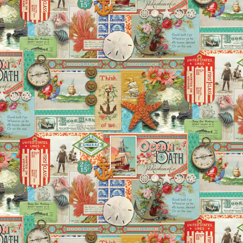 Moda Fabrics Saltwater Cathe Holden All Aboard Patchwork Collage Vintage Ephemera Nautical, a decorative fabric featuring vintage style nautical and travel-themed collage with anchors, ships, starfish, flowers, and travel tickets.