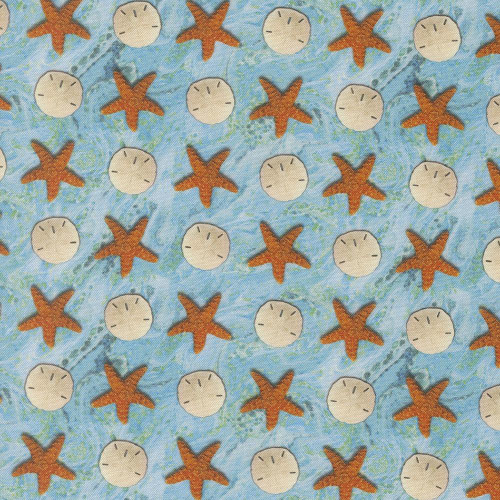 Moda Fabrics Saltwater Cathe Holden Sandy Beach Sand Dollar Starfish Surf Aqua, fabric featuring sand dollars and starfish on a blue background.