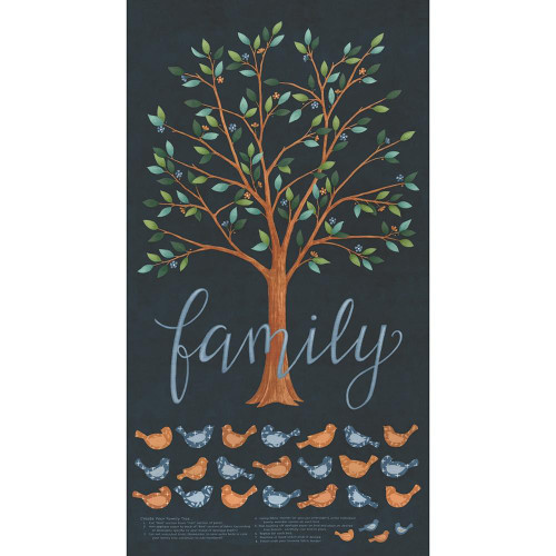 Moda Fabrics Family Tree Deb Strain Family Tree Panel 24 Inch Night Sky, a decorative fabric panel featuring a large tree with green leaves, small blue flowers, and a collection of small bird motifs at the base on a dark night sky background.