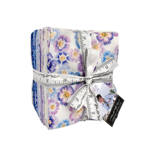 Moda Fabrics Delphinium Janet Clare 26 Fat Quarters AB Bundle, colorful floral fabric bundle with measuring tape tied around it.