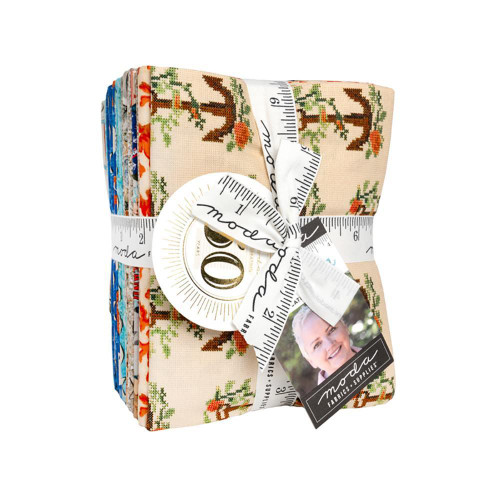 Moda Fabrics Saltwater Cathe Holden 17 Fat Quarters AB Bundle, bundle of colorful fabric fat quarters with cross-stitch animal designs, wrapped with a measuring tape and branding tags.