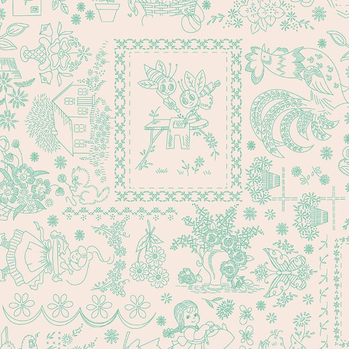 Riley Blake Fabrics Berry and Sage Lori Holt Embroidery Latte, intricate embroidery fabric with pastel green and pink patterns featuring animals, flowers, and whimsical designs.