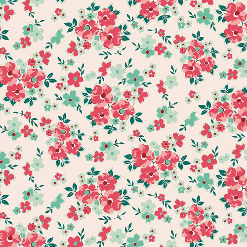 Riley Blake Fabrics Berry and Sage Lori Holt Floral Latte, close-up view of a floral fabric pattern with pink and green flowers on a cream background.