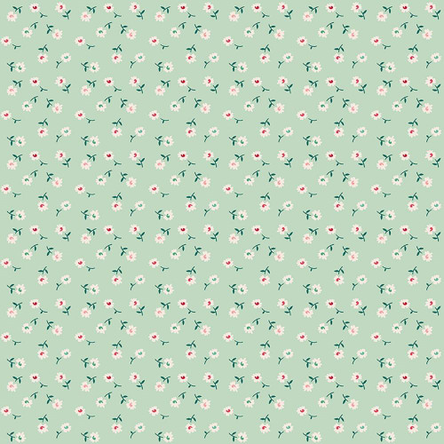 Riley Blake Fabrics Berry and Sage Lori Holt Daisy Sage, Fabric with small white and pink daisies on a sage green background