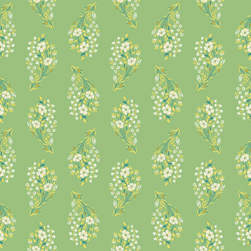 Riley Blake Fabrics Peach Cobbler Lily Asbury Daydream Green, fabric pattern featuring a repeating floral motif with white, yellow, and green flowers and leaves on a light green background.