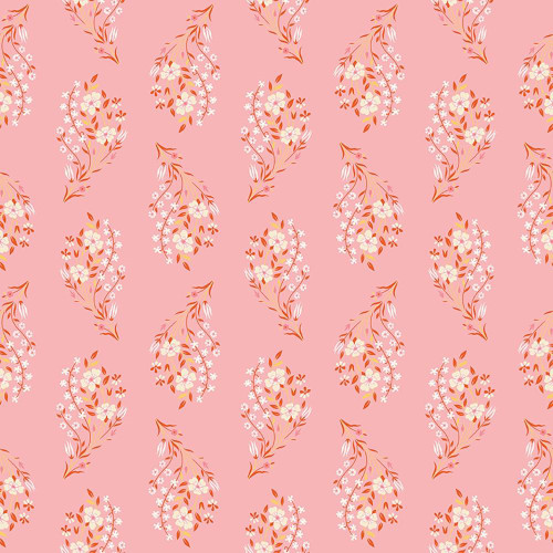 Riley Blake Fabrics Peach Cobbler Lily Asbury Daydream Pink, floral fabric pattern with white, pink, and coral flowers on a pink background.
