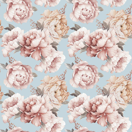Riley Blake Fabrics Daybreak on the Prairie Modern Prairie Peonies Blue, floral print featuring large pink peonies with gray leaves on a light blue background.