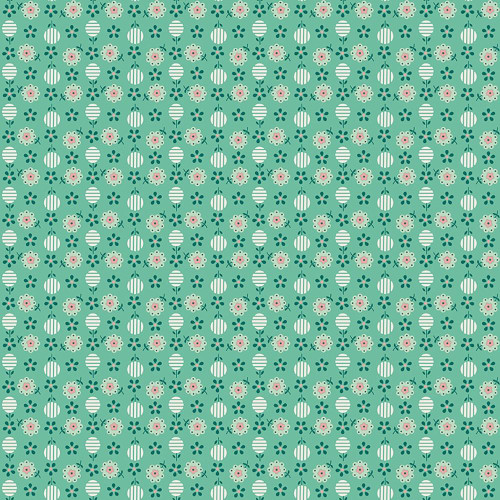 Riley Blake Fabrics Berry and Sage Lori Holt Flower Bud Alpine, fabric with a floral pattern featuring pink and white flowers and green leaves on a teal background.