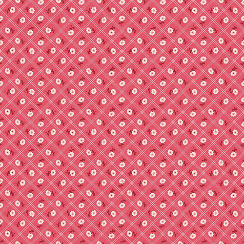 Riley Blake Fabrics Berry and Sage Lori Holt Calico Tea Rose, floral and plaid pattern in pink, white, and brown colors.