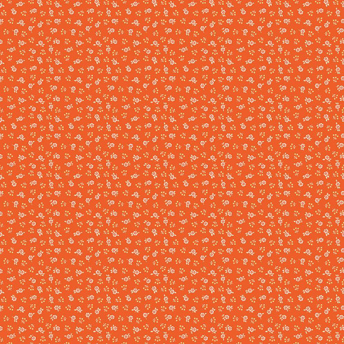 Riley Blake Fabrics Peach Cobbler Lily Asbury Meadow Orange, fabric with small white floral pattern on vibrant orange background.