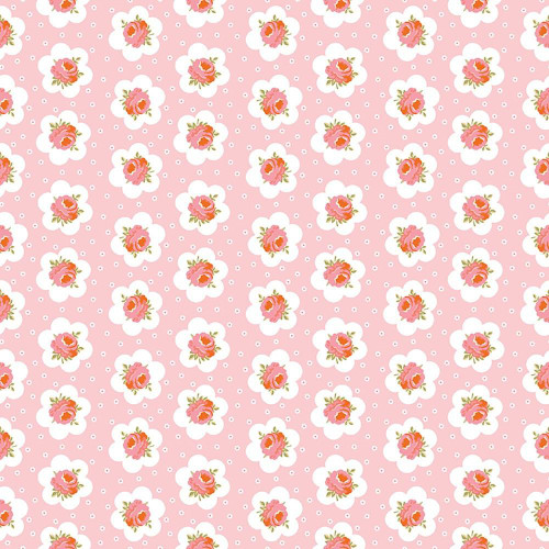 Riley Blake Fabrics Peach Cobbler Lily Asbury Tea Tin Rose Pink, pink floral fabric with white flowers and pink roses pattern.