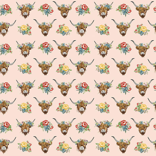 Riley Blake Fabrics Cowgirl Echo Park Highland Cows Blush, a fabric featuring a repeating pattern of Highland cow heads with floral crowns and colorful flower bouquets on a blush pink background.