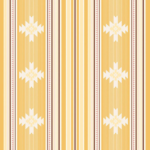 Riley Blake Fabrics Cowgirl Echo Park Blanket Yellow, fabric featuring a southwestern-inspired pattern with white snowflake-like motifs, yellow, brown, and pink vertical stripes.
