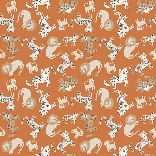 Riley Blake Fabrics Leo and Savannah Deena Rutter Animal Toss Orange, colorful zoo animal pattern with lions, tigers, and zebras on a burnt orange background