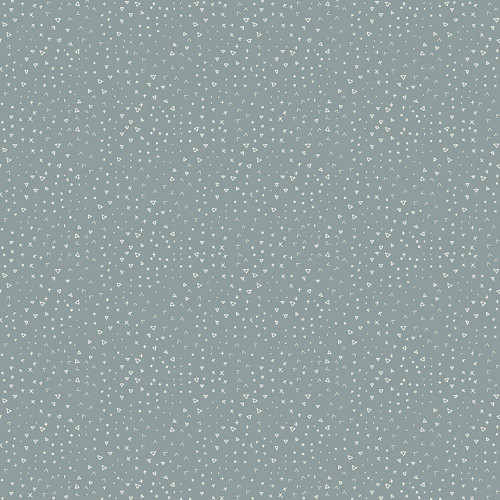Riley Blake Fabrics Leo and Savannah Deena Rutter Terrain Blue, fabric featuring a pattern of small white dots, triangles, crosses, and other geometric shapes on a blue background.