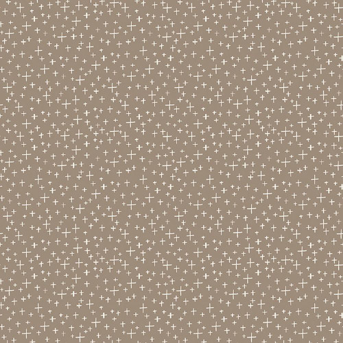 Riley Blake Fabrics Leo and Savannah Deena Rutter Criss Cross Taupe, fabric pattern featuring a taupe background with small white criss cross design.