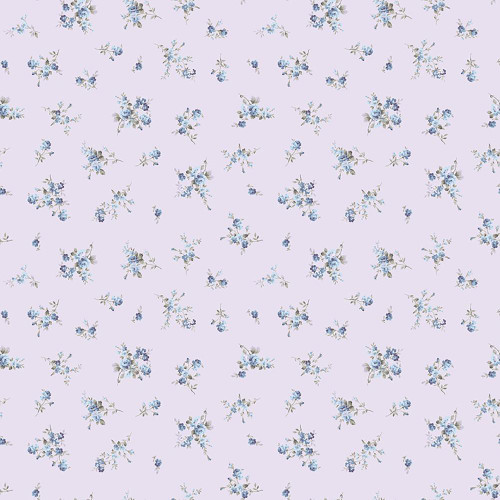 Riley Blake Fabrics Daybreak on the Prairie Modern Prairie Garden Bouquet Purple, fabric with a light purple background and scattered small blue floral patterns.