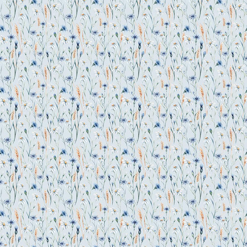 Riley Blake Fabrics Daybreak on the Prairie Modern Prairie Wildflowers Blue, floral patterned fabric with delicate blue, white, and orange flowers and green stems on a light blue background.