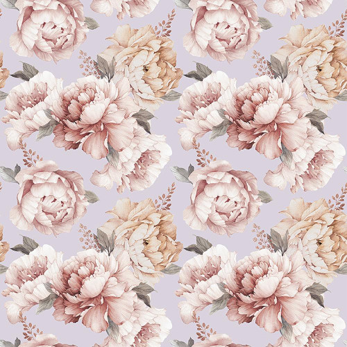 Riley Blake Fabrics Daybreak on the Prairie Modern Prairie Peonies Purple, floral fabric pattern with pink and beige peonies and gray leaves on a light purple background.
