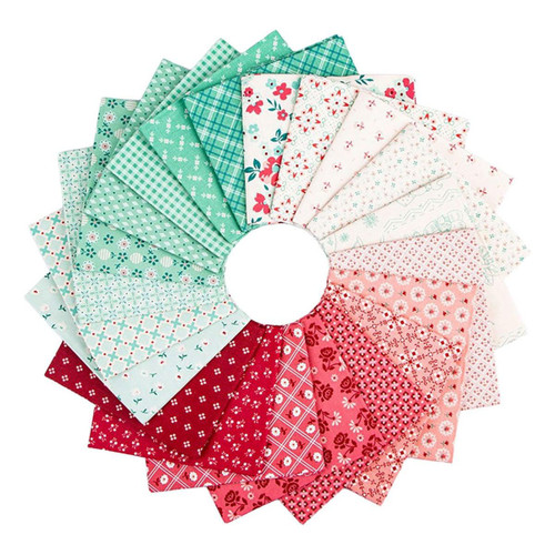 Riley Blake Fabrics Berry and Sage Lori Holt 5 Inch Stacker, 42 Pieces, in colorful floral and geometric patterns arranged in a circle.