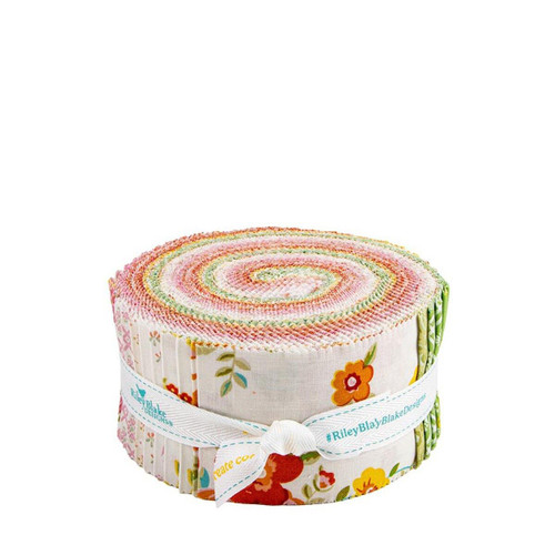 Riley Blake Fabrics Peach Cobbler Lily Asbury 2.5 Inch Rolie Polie, 40 Pcs, colorful fabric roll with floral and pastel patterns.